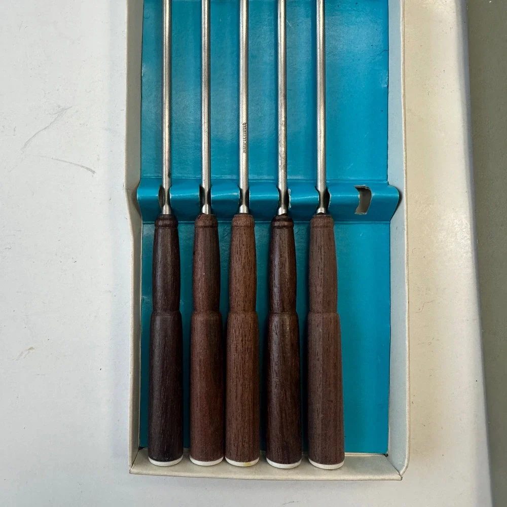 Vintage Northland Oneida Fondue Forks Set of‎ 5 Stainless Steel Wood Handles